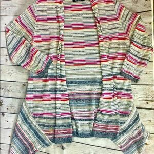 NIC + ZOE White Cream Gray Pink Striped Open Waterfall Sweater Cardigan Small